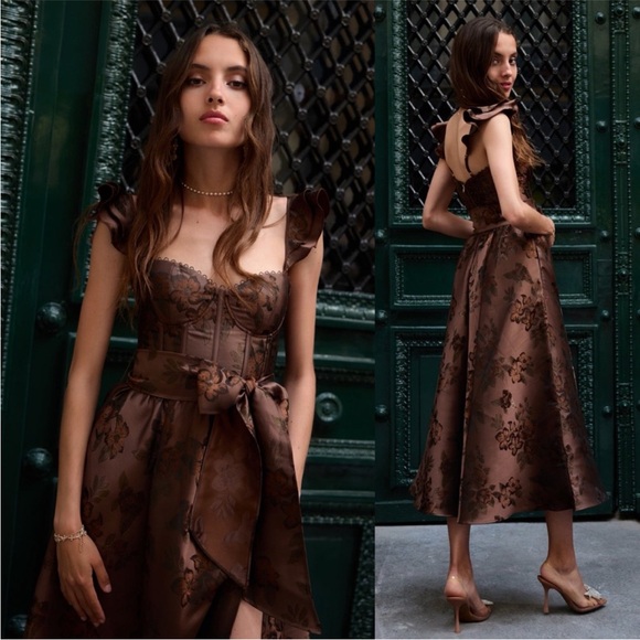 NWT V. Chapman The Vera Dress in Cocoa Baroque Floral Brown - Picture 4 of 17